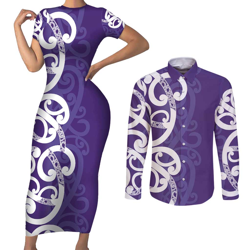 Violet Green Maori Couples Matching Short Sleeve Bodycon Dress and Long Sleeve Button Shirt Koru Kowhaiwhai LT7 Violet - Polynesian Pride