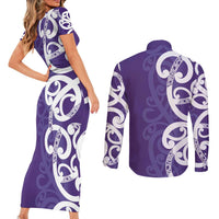 Violet Green Maori Couples Matching Short Sleeve Bodycon Dress and Long Sleeve Button Shirt Koru Kowhaiwhai LT7 - Polynesian Pride