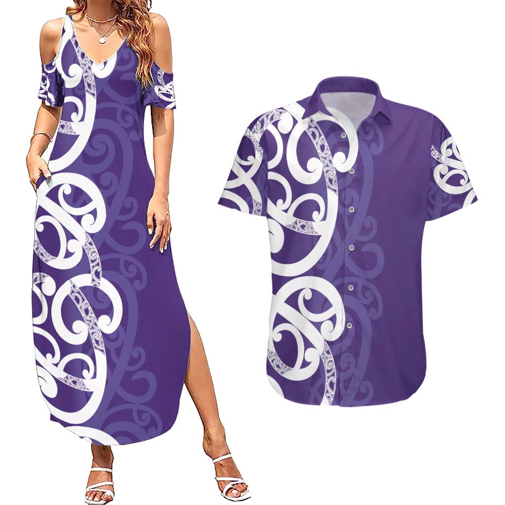 Violet Green Maori Couples Matching Summer Maxi Dress and Hawaiian Shirt Koru Kowhaiwhai LT7 Violet - Polynesian Pride