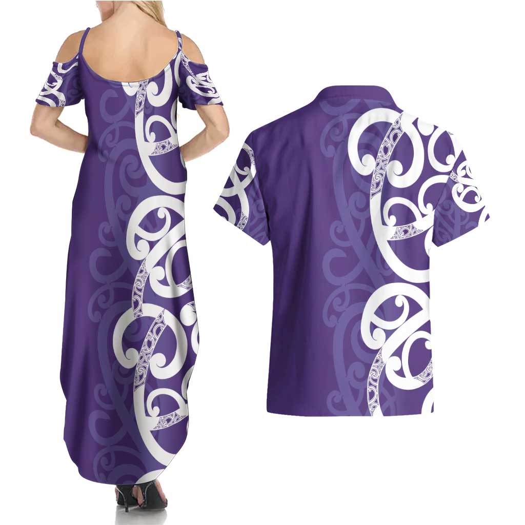Violet Green Maori Couples Matching Summer Maxi Dress and Hawaiian Shirt Koru Kowhaiwhai LT7 - Polynesian Pride