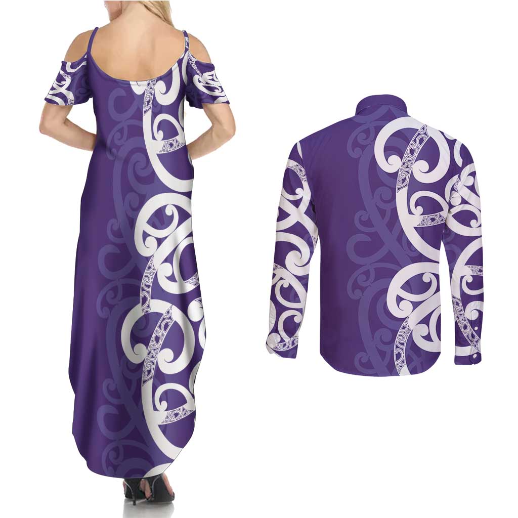 Violet Green Maori Couples Matching Summer Maxi Dress and Long Sleeve Button Shirt Koru Kowhaiwhai - Polynesian Pride
