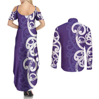 Violet Green Maori Couples Matching Summer Maxi Dress and Long Sleeve Button Shirt Koru Kowhaiwhai - Polynesian Pride