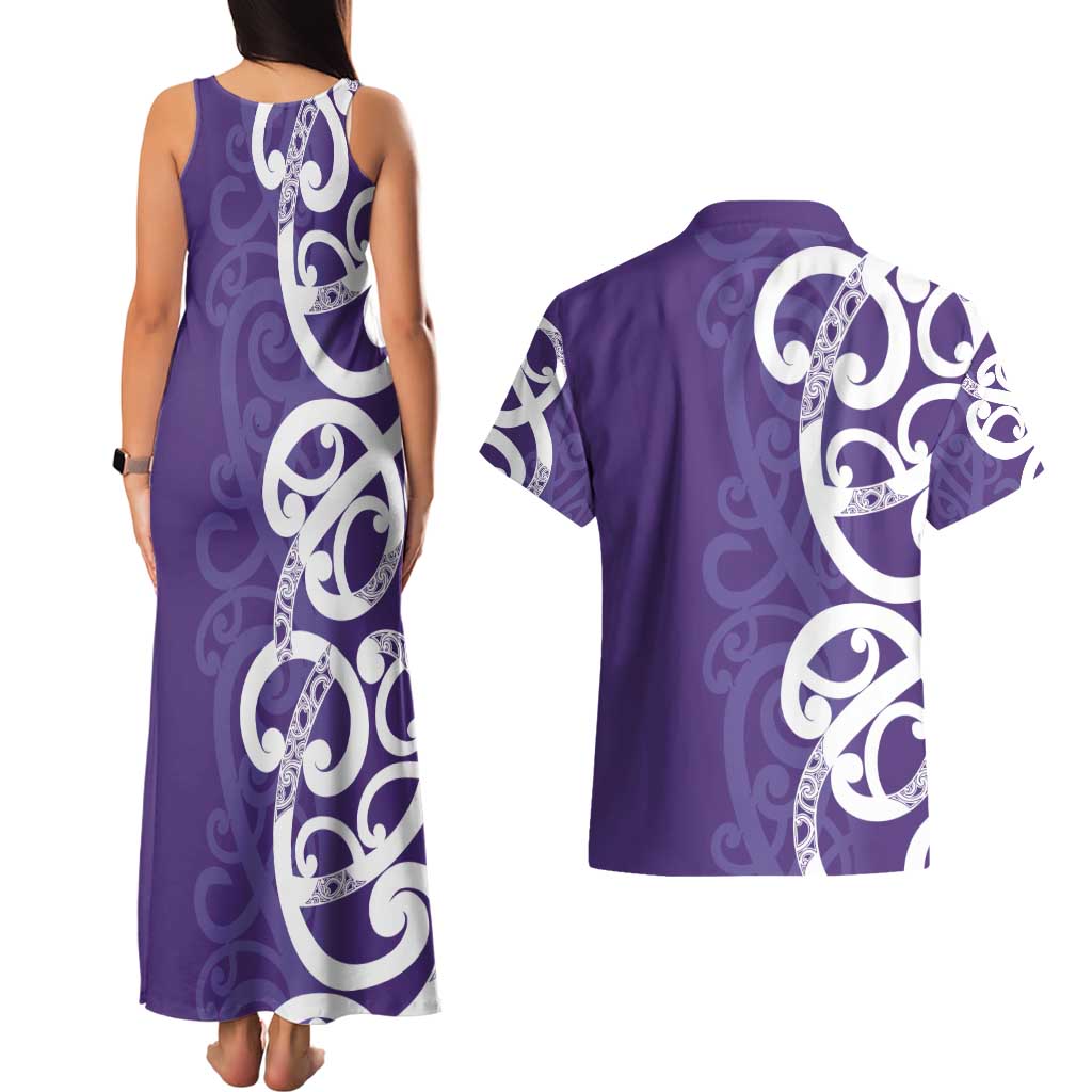 Violet Green Maori Couples Matching Tank Maxi Dress and Hawaiian Shirt Koru Kowhaiwhai LT7 - Polynesian Pride