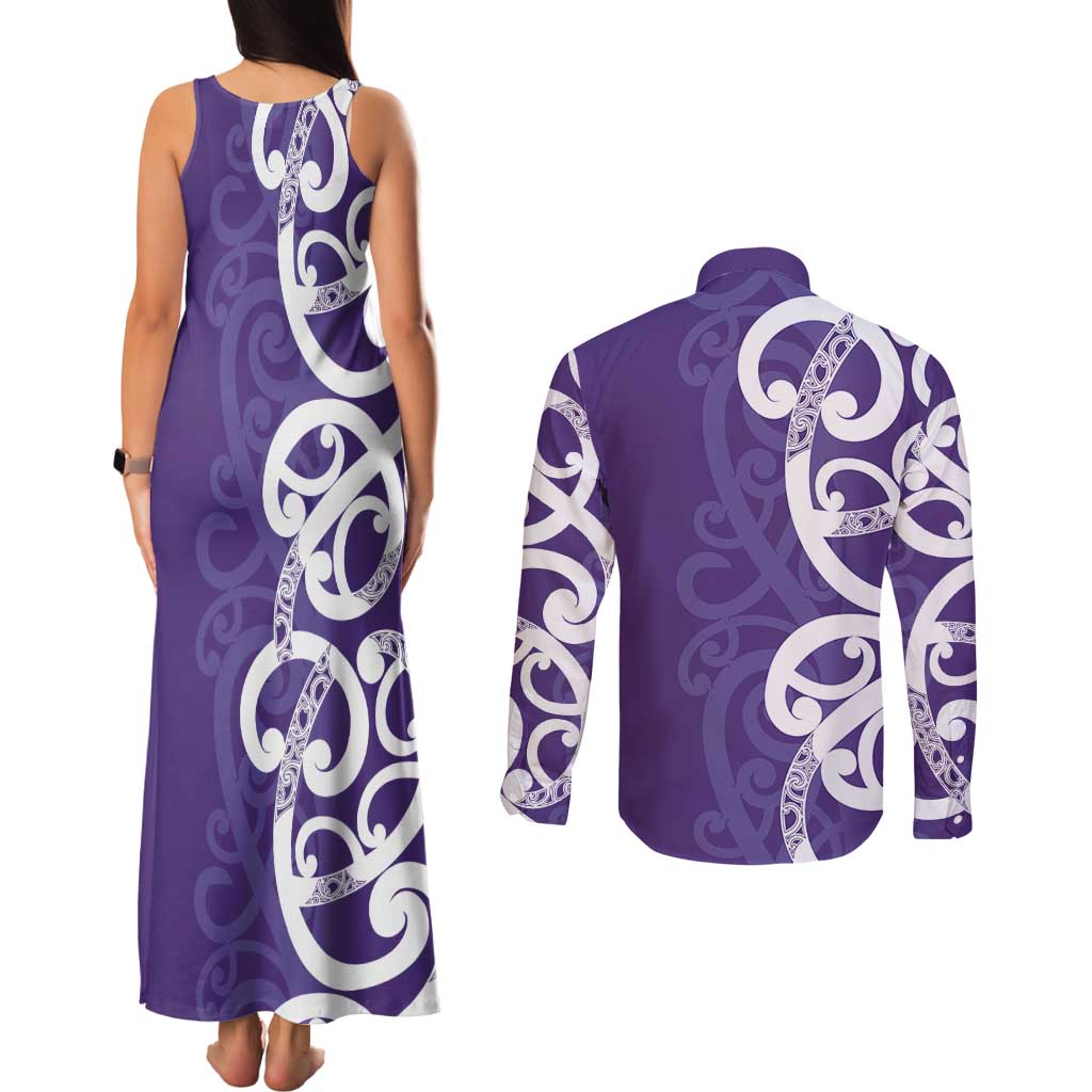 Violet Green Maori Couples Matching Tank Maxi Dress and Long Sleeve Button Shirt Koru Kowhaiwhai LT7 - Polynesian Pride