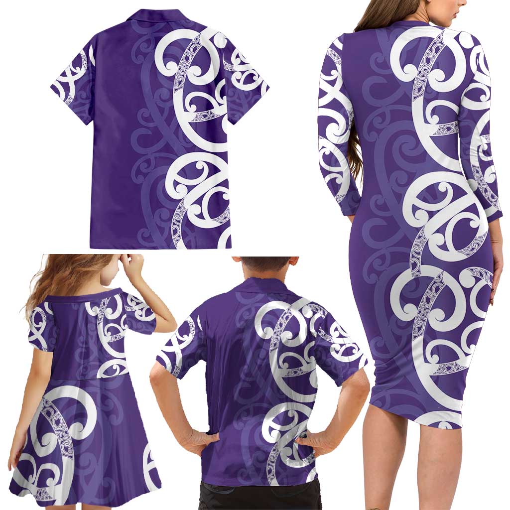 Violet Green Maori Family Matching Long Sleeve Bodycon Dress and Hawaiian Shirt Koru Kowhaiwhai LT7 - Polynesian Pride