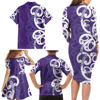 Violet Green Maori Family Matching Long Sleeve Bodycon Dress and Hawaiian Shirt Koru Kowhaiwhai LT7 - Polynesian Pride