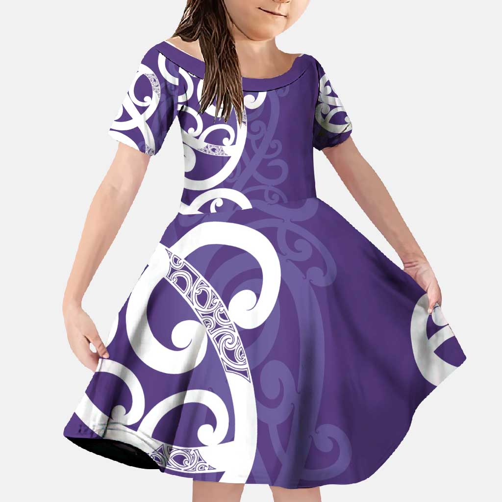 Violet Green Maori Family Matching Mermaid Dress and Hawaiian Shirt Koru Kowhaiwhai LT7 Daughter's Dress Violet - Polynesian Pride