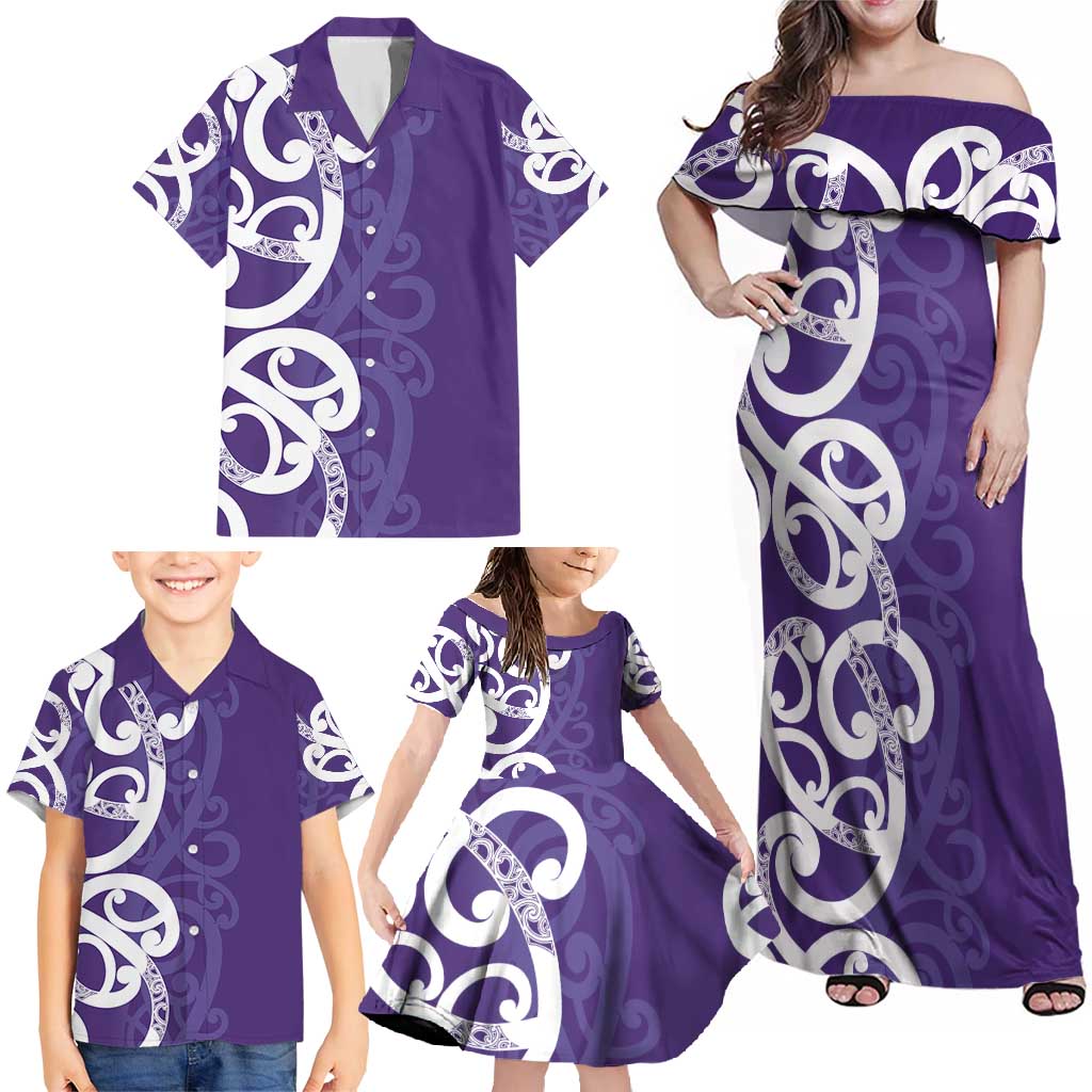 Violet Green Maori Family Matching Off Shoulder Maxi Dress and Hawaiian Shirt Koru Kowhaiwhai LT7 - Polynesian Pride