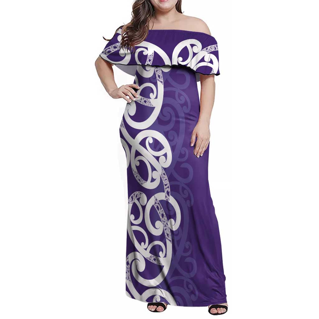 Violet Green Maori Family Matching Off Shoulder Maxi Dress and Hawaiian Shirt Koru Kowhaiwhai LT7 Mom's Dress Violet - Polynesian Pride