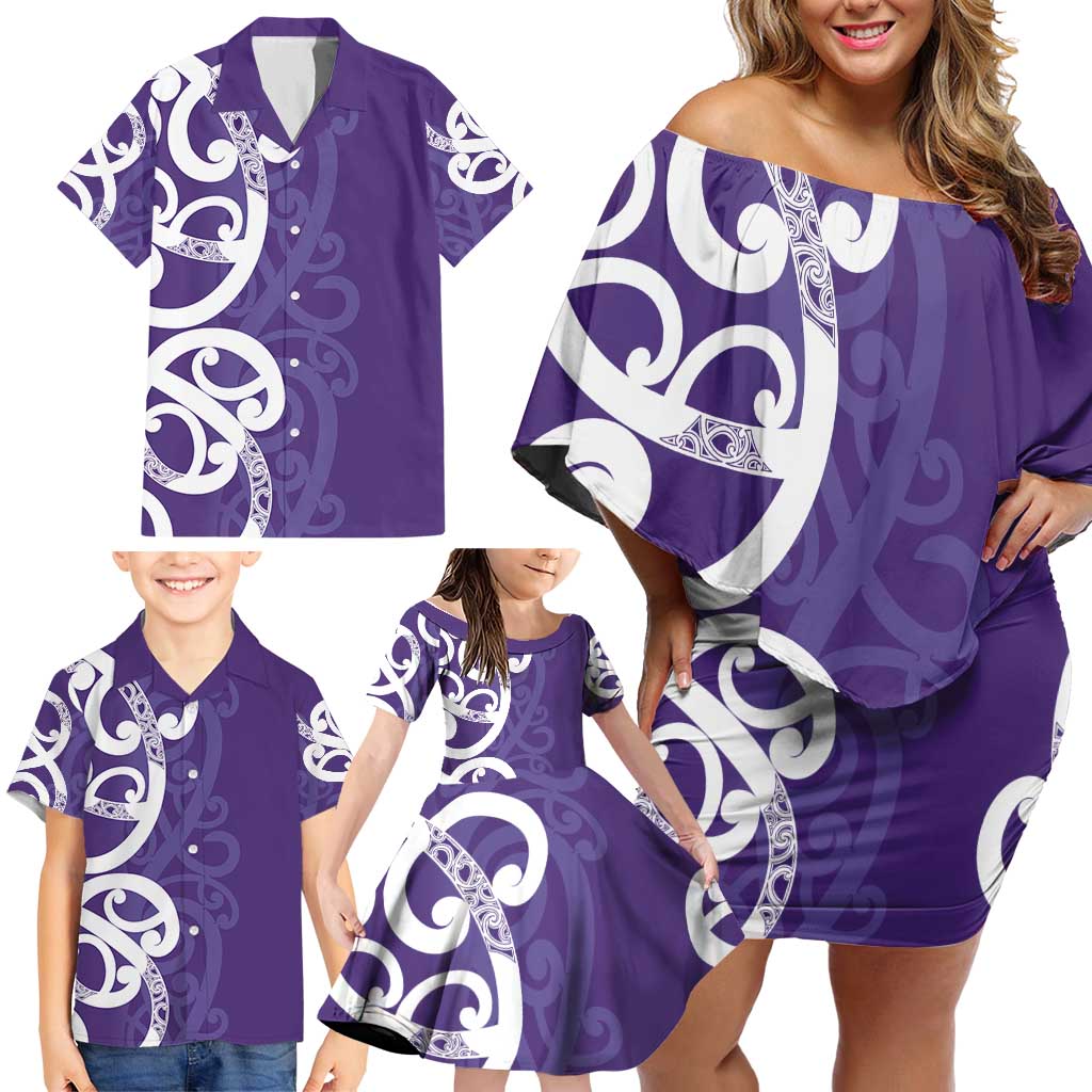 Violet Green Maori Family Matching Off Shoulder Short Dress and Hawaiian Shirt Koru Kowhaiwhai LT7 - Polynesian Pride