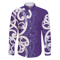 Violet Green Maori Family Matching Puletasi and Hawaiian Shirt Koru Kowhaiwhai LT7 Dad's Shirt - Long Sleeve Violet - Polynesian Pride