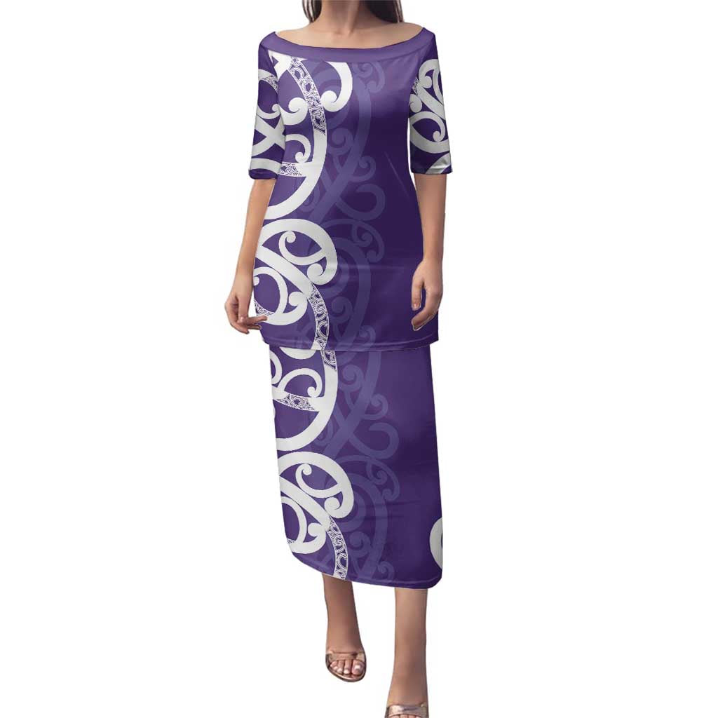 Violet Green Maori Family Matching Puletasi and Hawaiian Shirt Koru Kowhaiwhai LT7 Mom's Dress Violet - Polynesian Pride