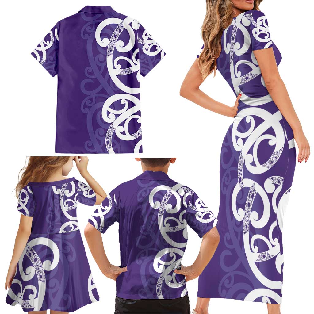Violet Green Maori Family Matching Short Sleeve Bodycon Dress and Hawaiian Shirt Koru Kowhaiwhai LT7 - Polynesian Pride