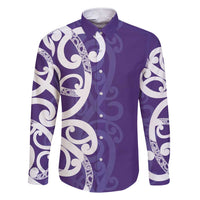 Violet Green Maori Family Matching Short Sleeve Bodycon Dress and Hawaiian Shirt Koru Kowhaiwhai LT7 Dad's Shirt - Long Sleeve Violet - Polynesian Pride