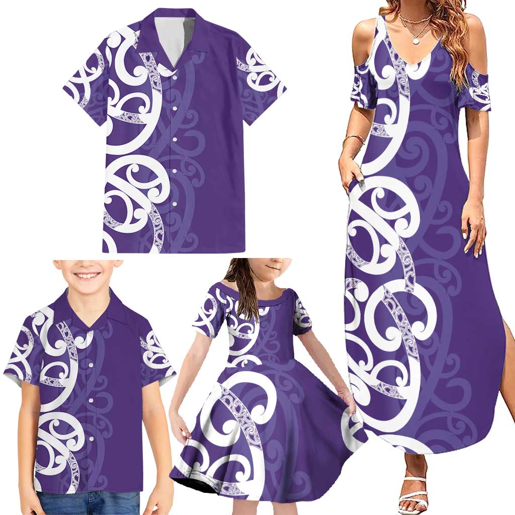 Violet Green Maori Family Matching Summer Maxi Dress and Hawaiian Shirt Koru Kowhaiwhai LT7 - Polynesian Pride