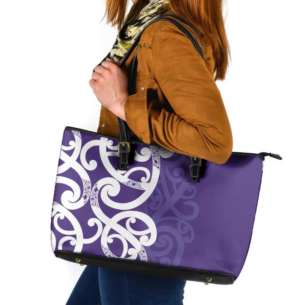 Violet Green Maori Leather Tote Bag Koru Kowhaiwhai LT7 Violet - Polynesian Pride