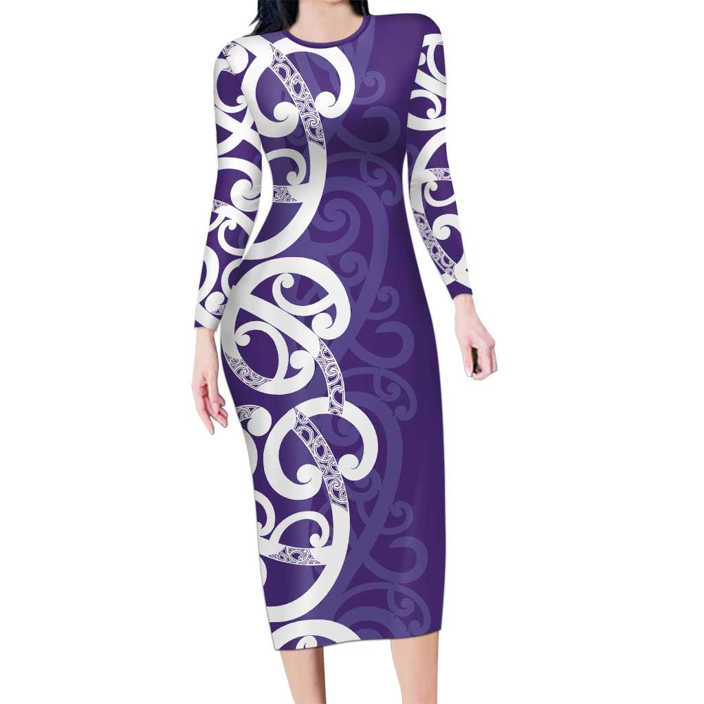 Violet Green Maori Long Sleeve Bodycon Dress Koru Kowhaiwhai LT7 Long Dress Violet - Polynesian Pride