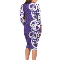 Violet Green Maori Long Sleeve Bodycon Dress Koru Kowhaiwhai LT7 - Polynesian Pride