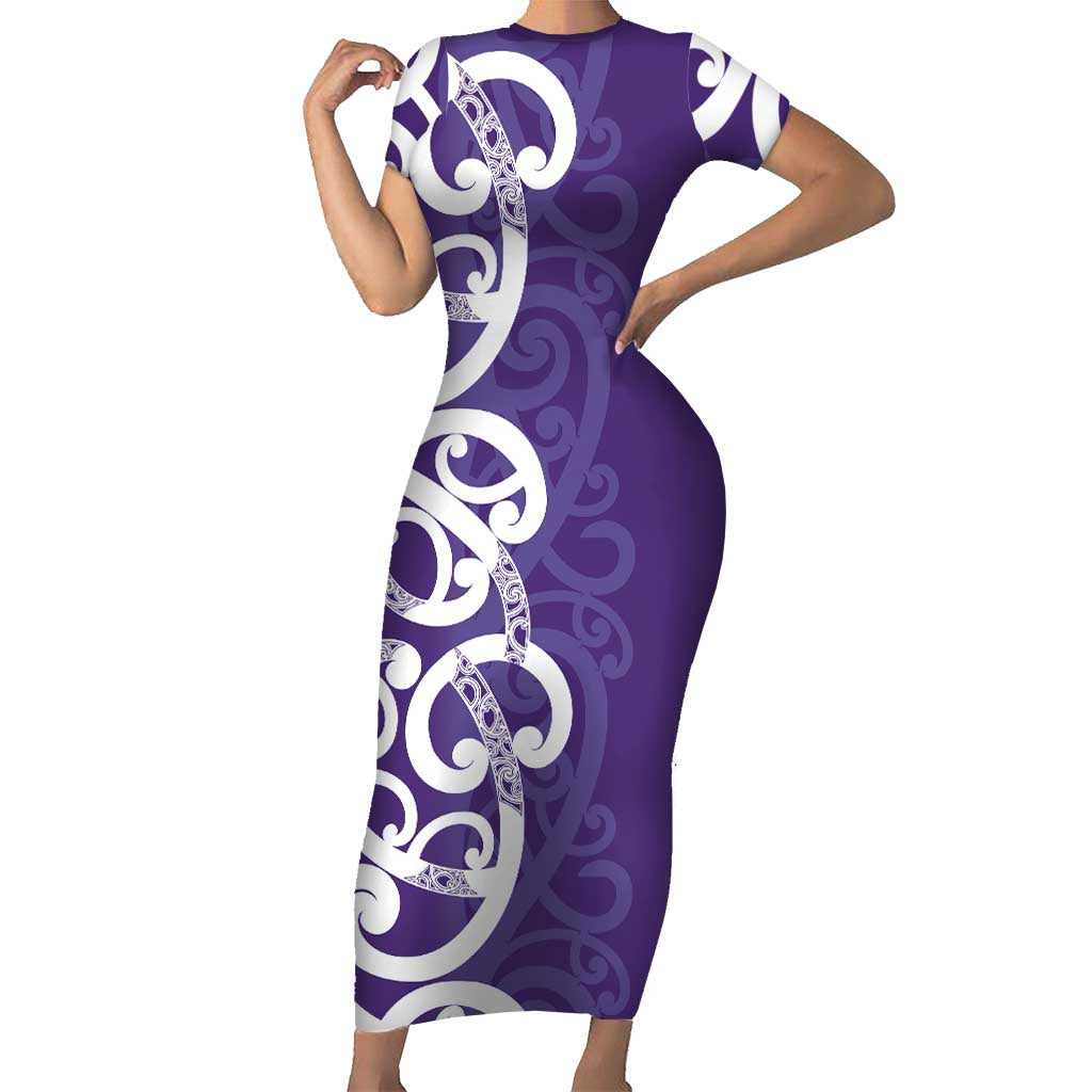 Violet Green Maori Short Sleeve Bodycon Dress Koru Kowhaiwhai - Polynesian Pride