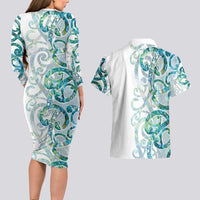 Paua Shell Maori Couples Matching Long Sleeve Bodycon Dress and Hawaiian Shirt Koru Kowhaiwhai LT7 - Polynesian Pride