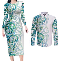Paua Shell Maori Couples Matching Long Sleeve Bodycon Dress and Long Sleeve Button Shirt Koru Kowhaiwhai LT7 White - Polynesian Pride