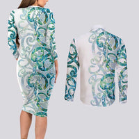 Paua Shell Maori Couples Matching Long Sleeve Bodycon Dress and Long Sleeve Button Shirt Koru Kowhaiwhai LT7 - Polynesian Pride