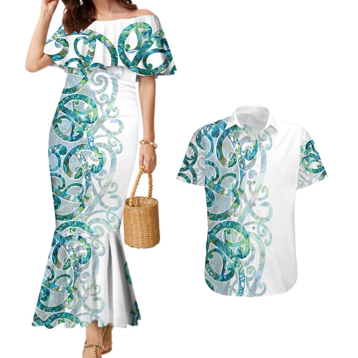 Paua Shell Maori Couples Matching Mermaid Dress and Hawaiian Shirt Koru Kowhaiwhai LT7 White - Polynesian Pride