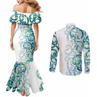 Paua Shell Maori Couples Matching Mermaid Dress and Long Sleeve Button Shirt Koru Kowhaiwhai - Polynesian Pride