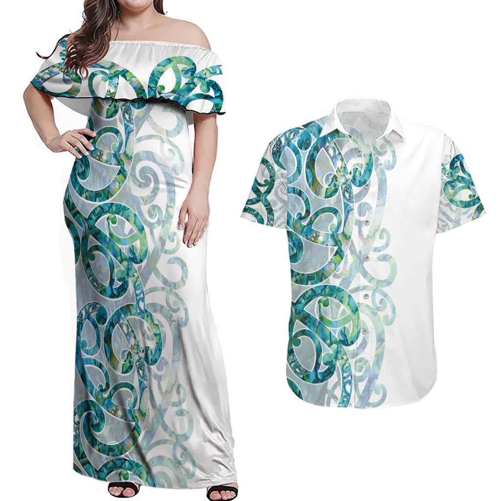 Paua Shell Maori Couples Matching Off Shoulder Maxi Dress and Hawaiian Shirt Koru Kowhaiwhai - Polynesian Pride