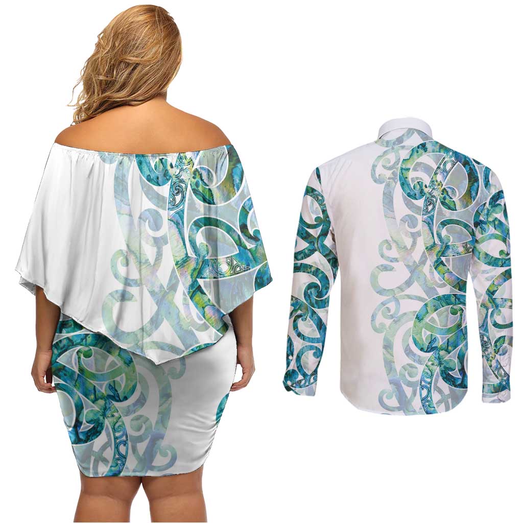 Paua Shell Maori Couples Matching Off Shoulder Short Dress and Long Sleeve Button Shirt Koru Kowhaiwhai - Polynesian Pride