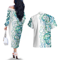 Paua Shell Maori Couples Matching Off The Shoulder Long Sleeve Dress and Hawaiian Shirt Koru Kowhaiwhai LT7 - Polynesian Pride
