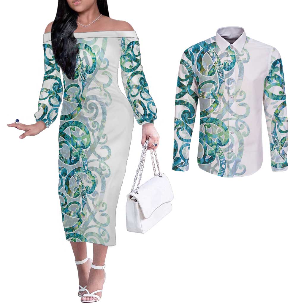 Paua Shell Maori Couples Matching Off The Shoulder Long Sleeve Dress and Long Sleeve Button Shirt Koru Kowhaiwhai LT7 White - Polynesian Pride