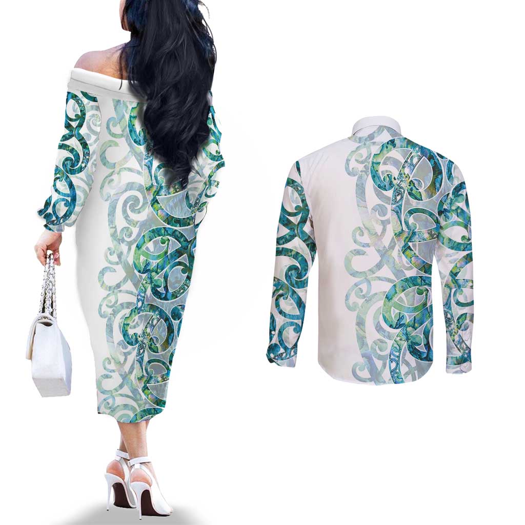Paua Shell Maori Couples Matching Off The Shoulder Long Sleeve Dress and Long Sleeve Button Shirt Koru Kowhaiwhai LT7 - Polynesian Pride