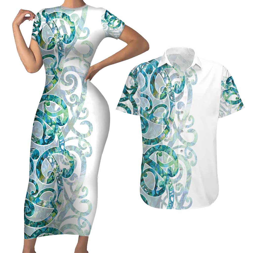 Paua Shell Maori Couples Matching Short Sleeve Bodycon Dress and Hawaiian Shirt Koru Kowhaiwhai LT7 White - Polynesian Pride