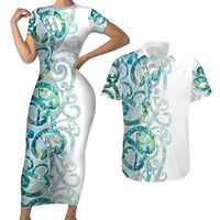 Paua Shell Maori Couples Matching Short Sleeve Bodycon Dress and Hawaiian Shirt Koru Kowhaiwhai LT7 White - Polynesian Pride