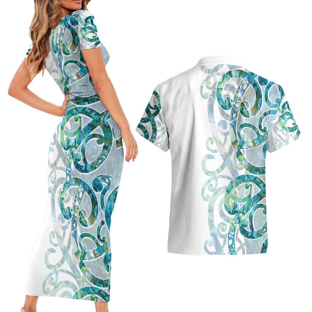 Paua Shell Maori Couples Matching Short Sleeve Bodycon Dress and Hawaiian Shirt Koru Kowhaiwhai LT7 - Polynesian Pride