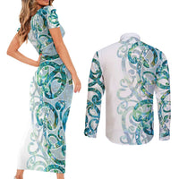 Paua Shell Maori Couples Matching Short Sleeve Bodycon Dress and Long Sleeve Button Shirt Koru Kowhaiwhai LT7 - Polynesian Pride