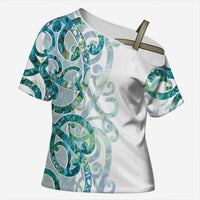 Paua Shell Maori Cross Shoulder Shirt Koru Kowhaiwhai LT7 Female White - Polynesian Pride