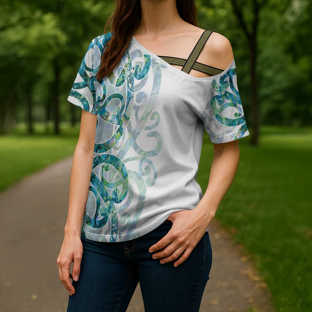 Paua Shell Maori Cross Shoulder Shirt Koru Kowhaiwhai LT7 - Polynesian Pride