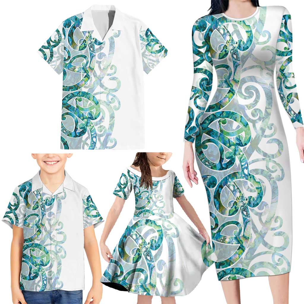 Paua Shell Maori Family Matching Long Sleeve Bodycon Dress and Hawaiian Shirt Koru Kowhaiwhai LT7 - Polynesian Pride