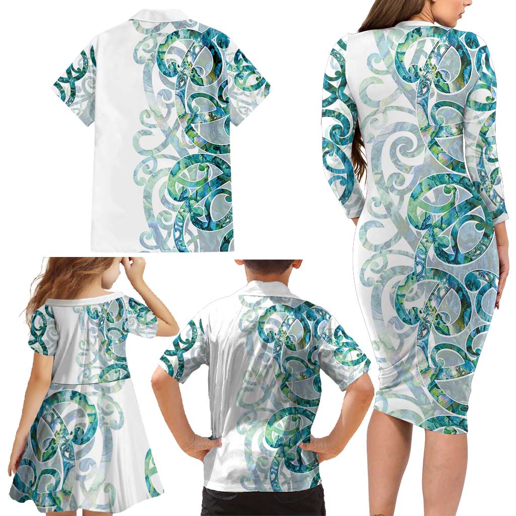 Paua Shell Maori Family Matching Long Sleeve Bodycon Dress and Hawaiian Shirt Koru Kowhaiwhai LT7 - Polynesian Pride
