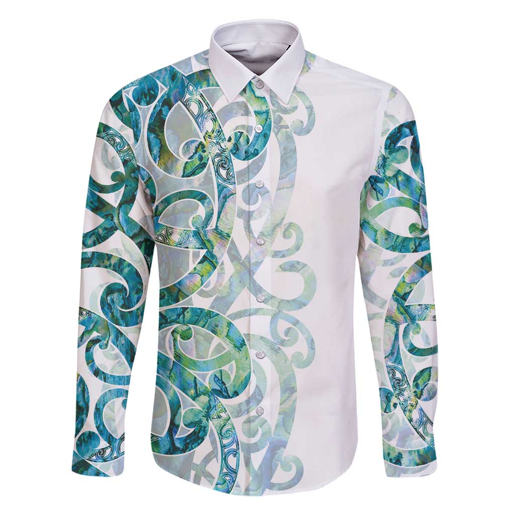 Paua Shell Maori Family Matching Mermaid Dress and Hawaiian Shirt Koru Kowhaiwhai LT7 Dad's Shirt - Long Sleeve White - Polynesian Pride