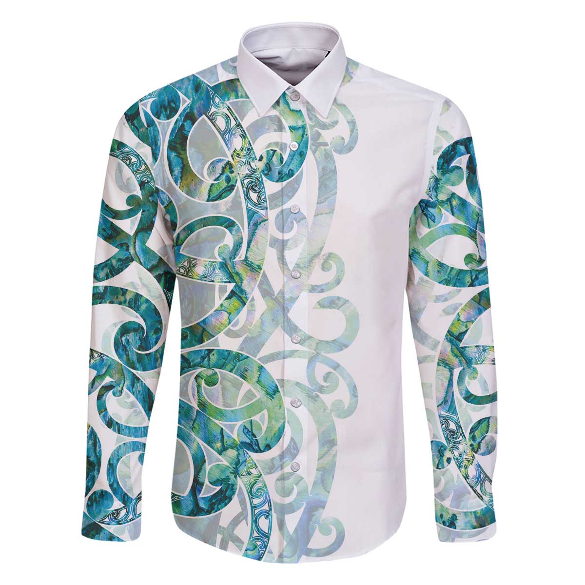 Paua Shell Maori Family Matching Off The Shoulder Long Sleeve Dress and Hawaiian Shirt Koru Kowhaiwhai LT7 Dad's Shirt - Long Sleeve White - Polynesian Pride