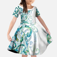 Paua Shell Maori Family Matching Off Shoulder Maxi Dress and Hawaiian Shirt Koru Kowhaiwhai LT7 Daughter's Dress White - Polynesian Pride