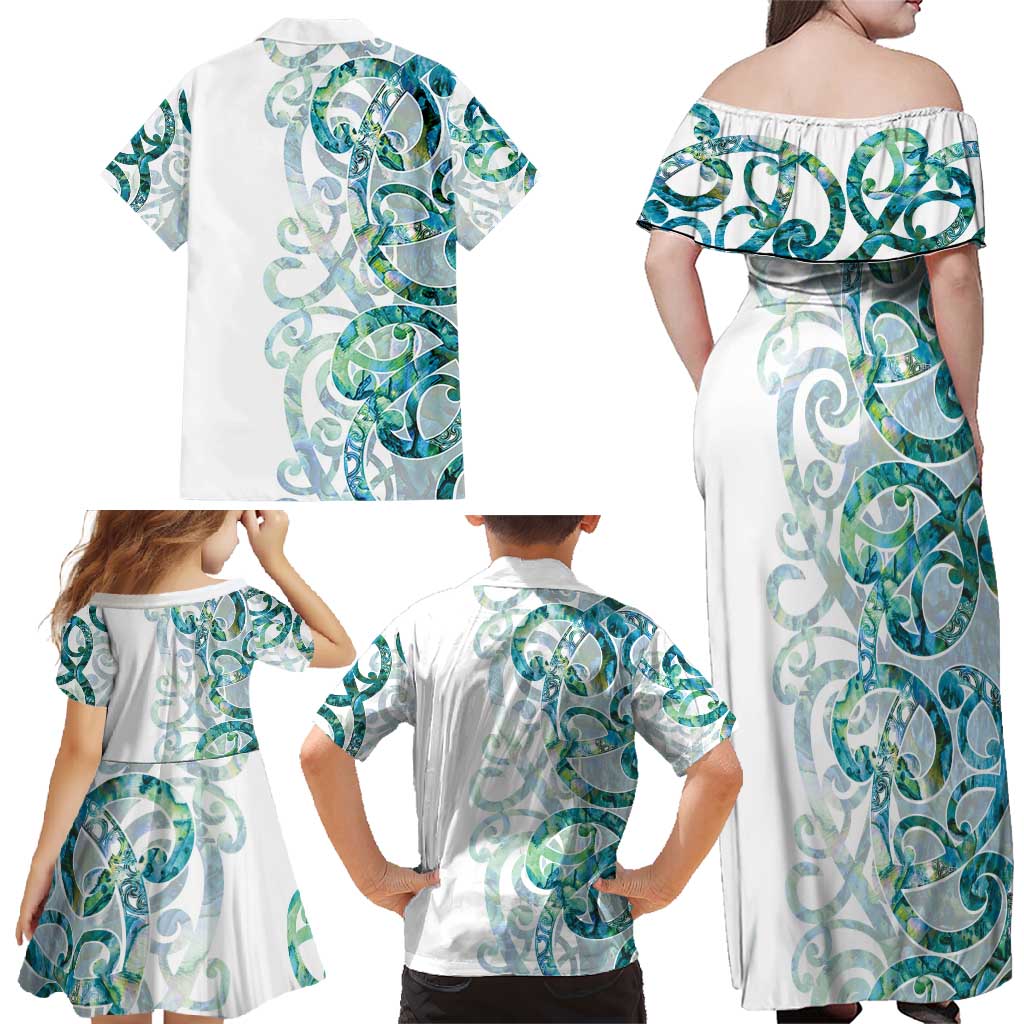 Paua Shell Maori Family Matching Off Shoulder Maxi Dress and Hawaiian Shirt Koru Kowhaiwhai LT7 - Polynesian Pride