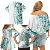 Paua Shell Maori Family Matching Off Shoulder Short Dress and Hawaiian Shirt Koru Kowhaiwhai LT7 - Polynesian Pride