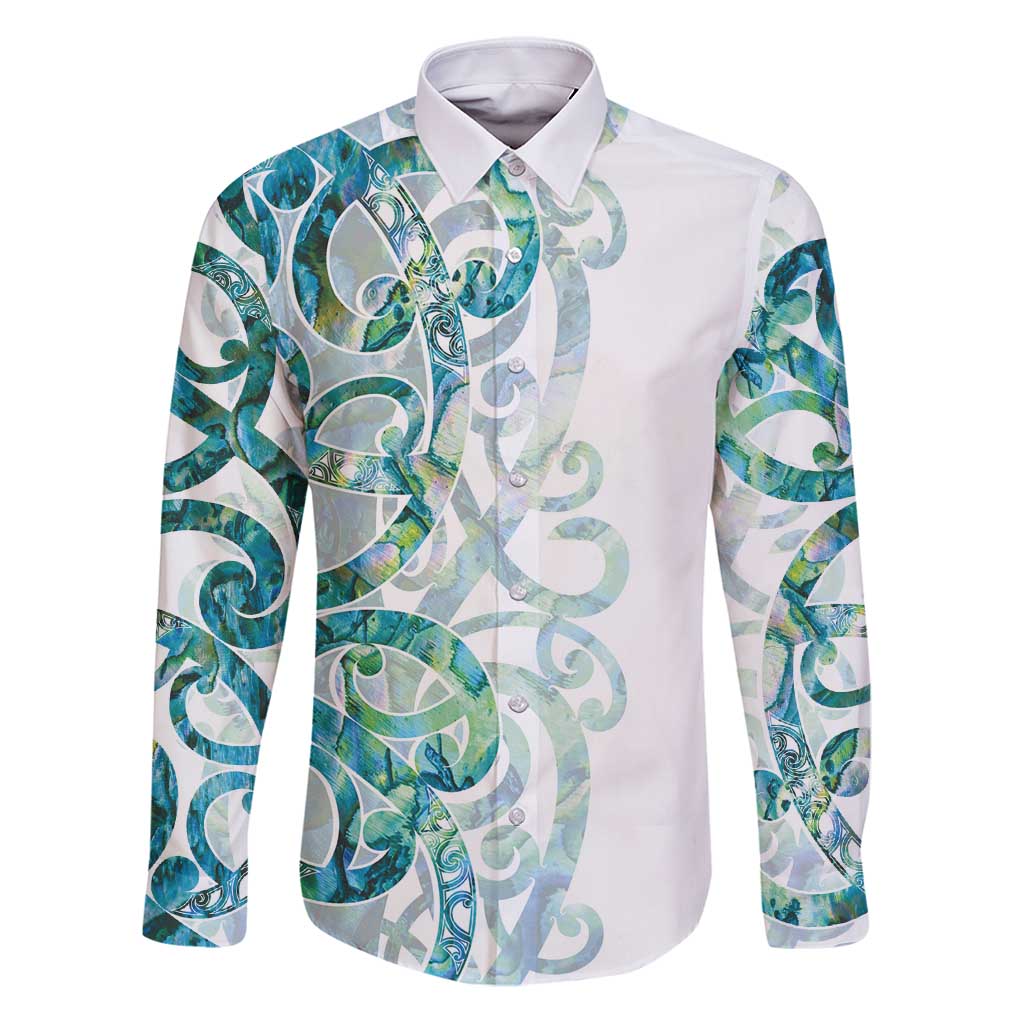 Paua Shell Maori Family Matching Puletasi and Hawaiian Shirt Koru Kowhaiwhai LT7 Dad's Shirt - Long Sleeve White - Polynesian Pride