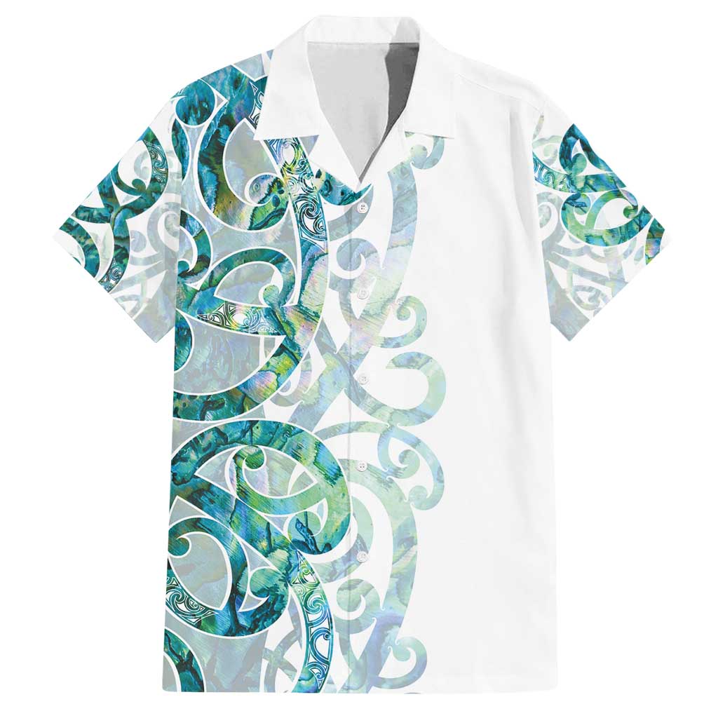Paua Shell Maori Family Matching Summer Maxi Dress and Hawaiian Shirt Koru Kowhaiwhai LT7 Dad's Shirt - Short Sleeve White - Polynesian Pride