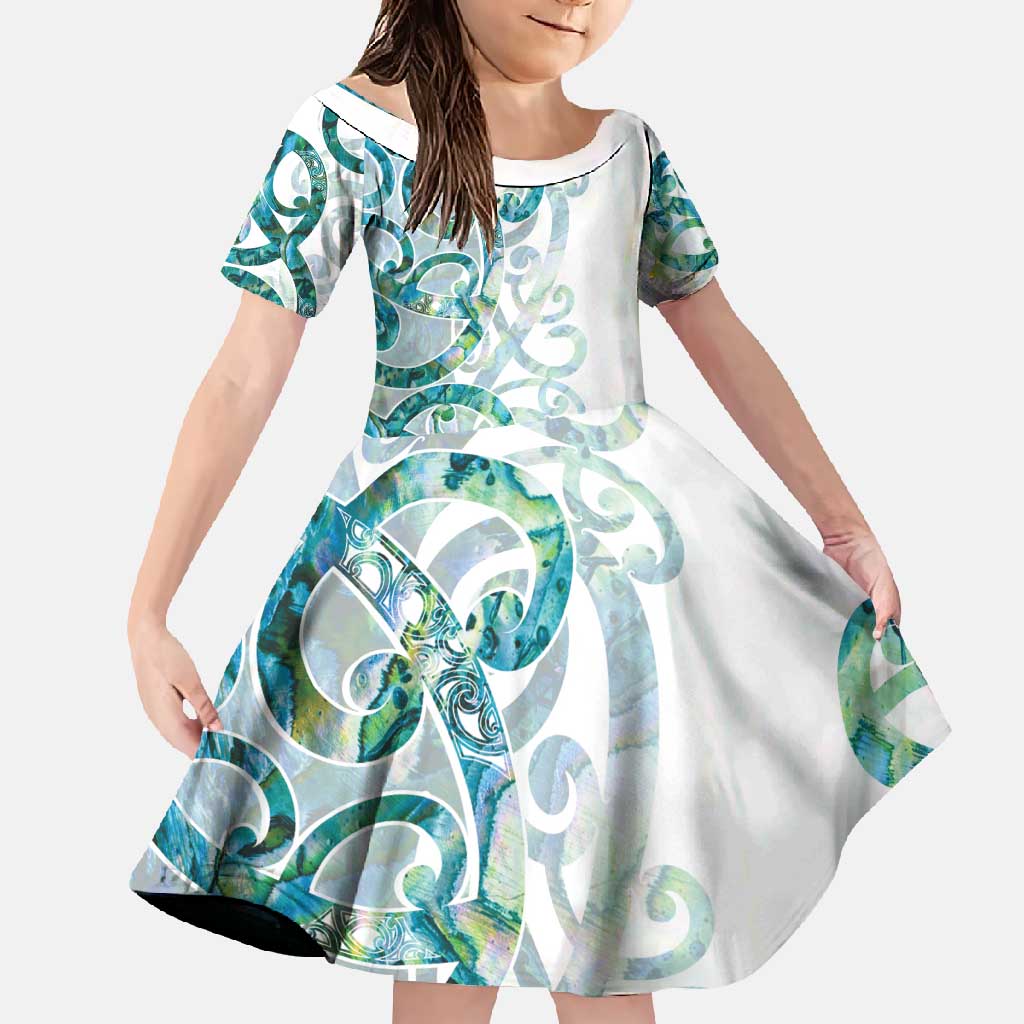 Paua Shell Maori Family Matching Tank Maxi Dress and Hawaiian Shirt Koru Kowhaiwhai LT7 Daughter's Dress White - Polynesian Pride