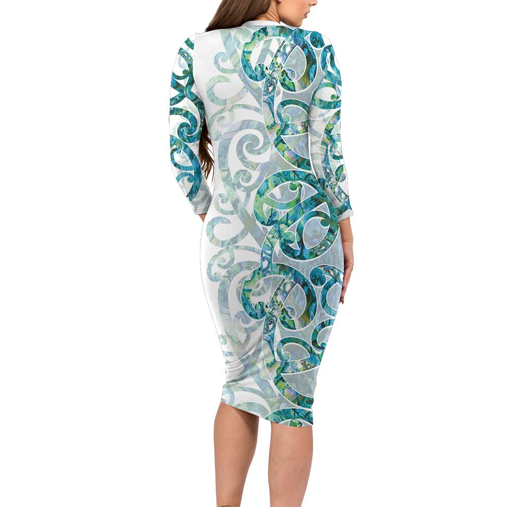 Paua Shell Maori Long Sleeve Bodycon Dress Koru Kowhaiwhai - Polynesian Pride